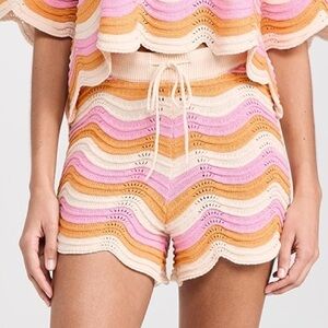 L*Space Make Waves Shorts Catching Sunsets Crochet Pink Orange Stripe High Rise
